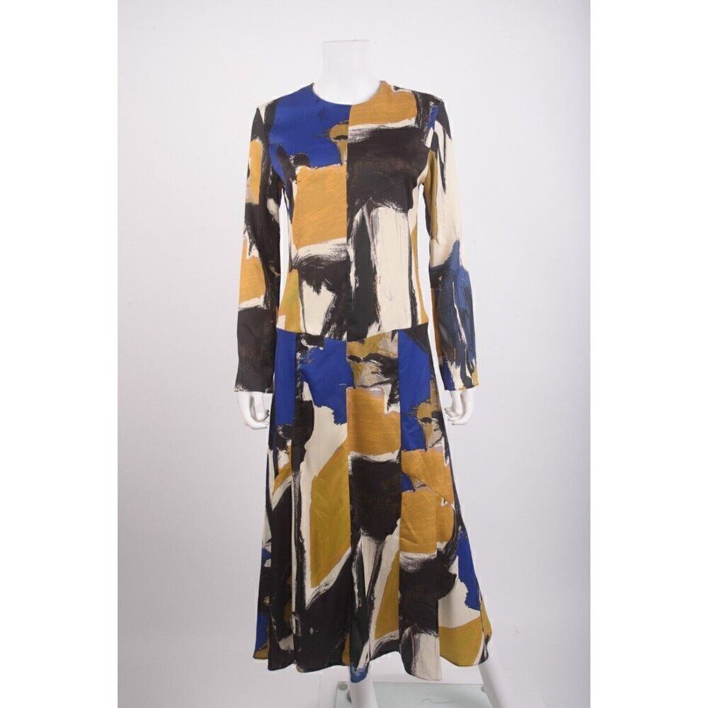 Zara Womens Printed Midi Dress A-line XS Blue Black Abstract 9107/390 NWD
